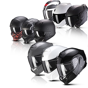 Différents casques intégraux et modulables pour motards, disponibles en noir, blanc et avec décorations.